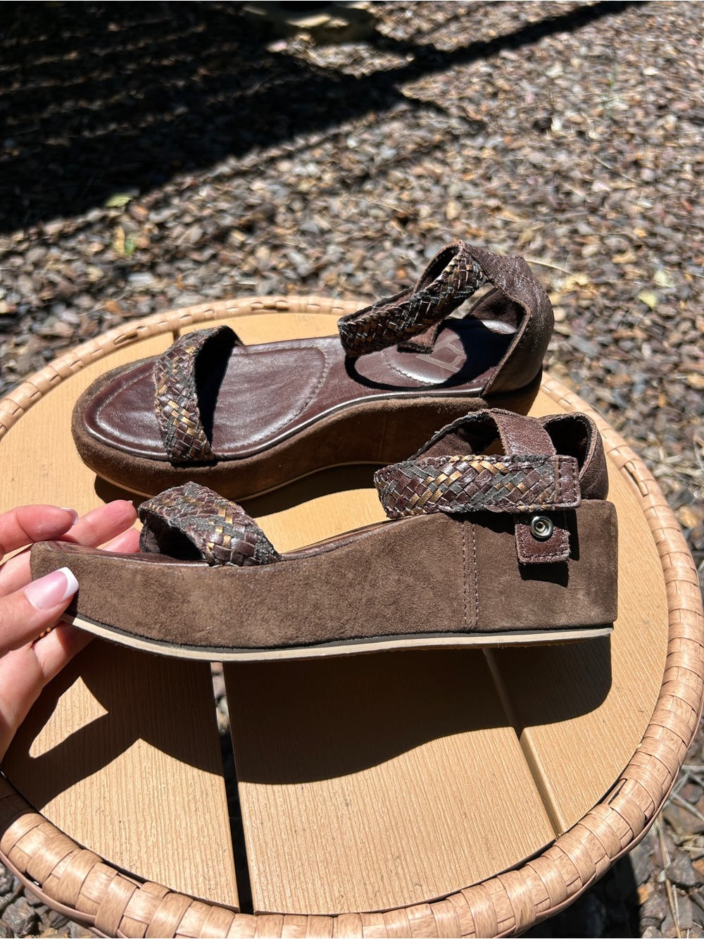 Brown Leather Wedge Sandals Braided Straps Platform Comfort Size